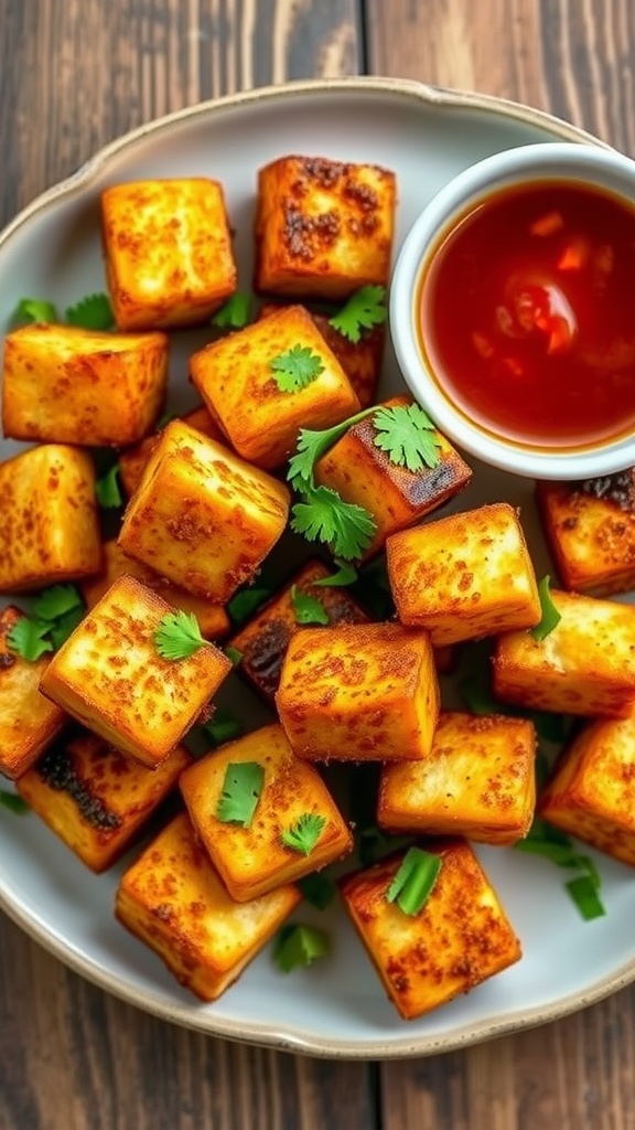 Crispy air fryer tofu bites garnished with herbs and served with dipping sauce on a rustic plate.